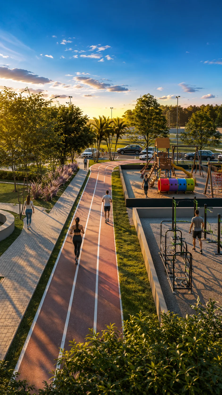 Praça de convívio e pista de caminhada do Essenza